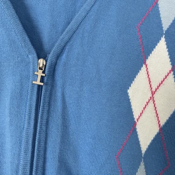 VINTAGE Y2K Pastel Argyle Cardigan Sweater Blue Pink Tennis Preppy Coastal Sz L - Picture 7 of 11